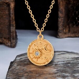 🆕️18K Gold Plated Sun Moon Necklace Celestial Pendant Stainless Steel Medallion